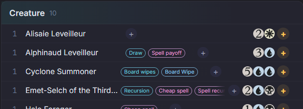 Card role tags shown across the deck list